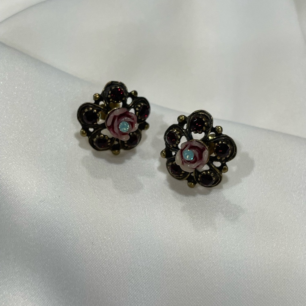 Michal Negrin Elegant Red Earrings with Rose Centre